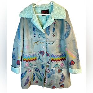 Hand Painted One of a Kind Boho Coat Sea Foam Blue Hearts Feathers Flowers Sz S